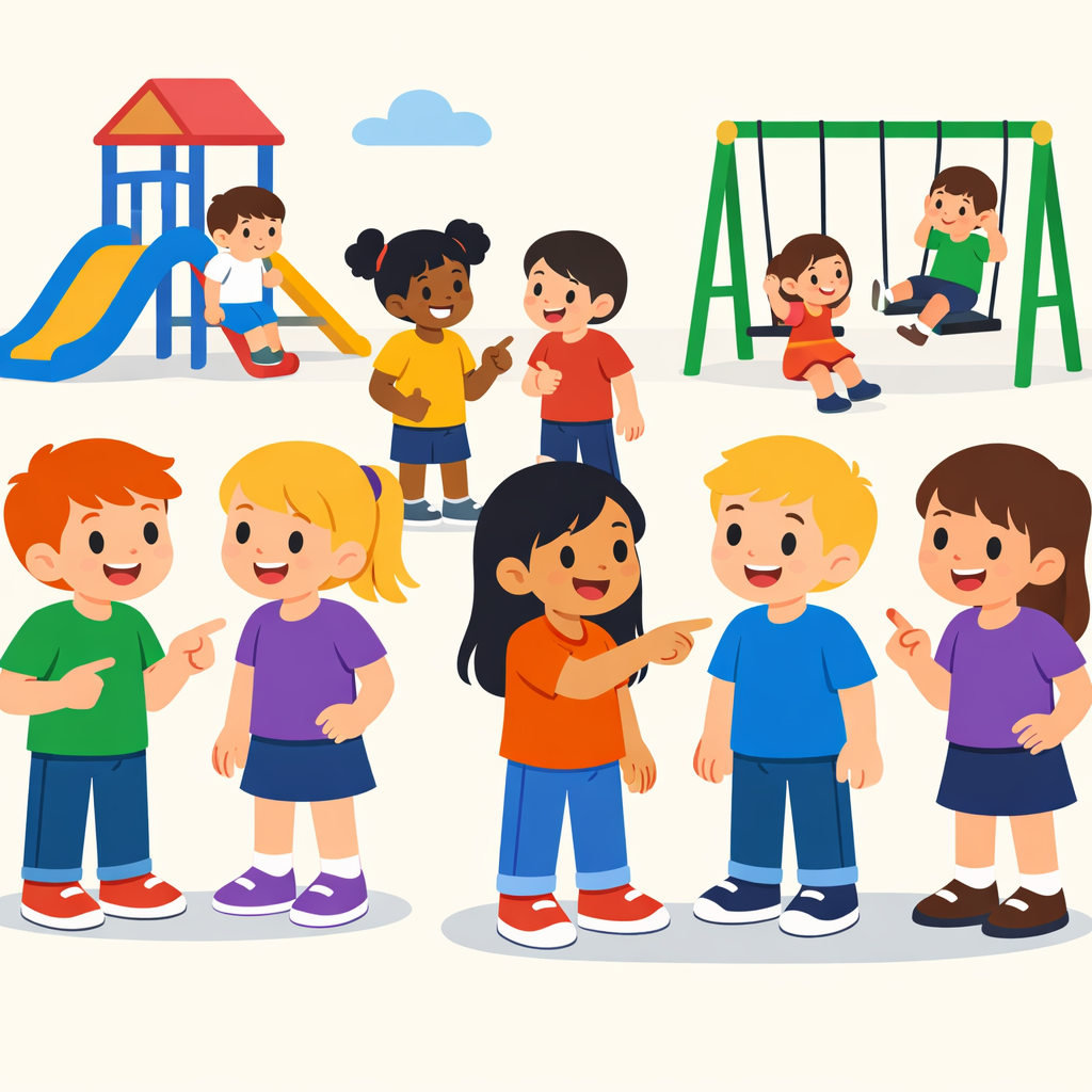 A lively playground scene with children from different backgrounds chatting and playing together, some pointing and smiling