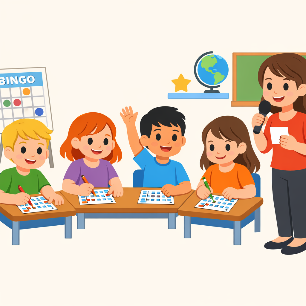 A group of children playing bingo in the classroom, marking cards with excitement while a teacher calls out words