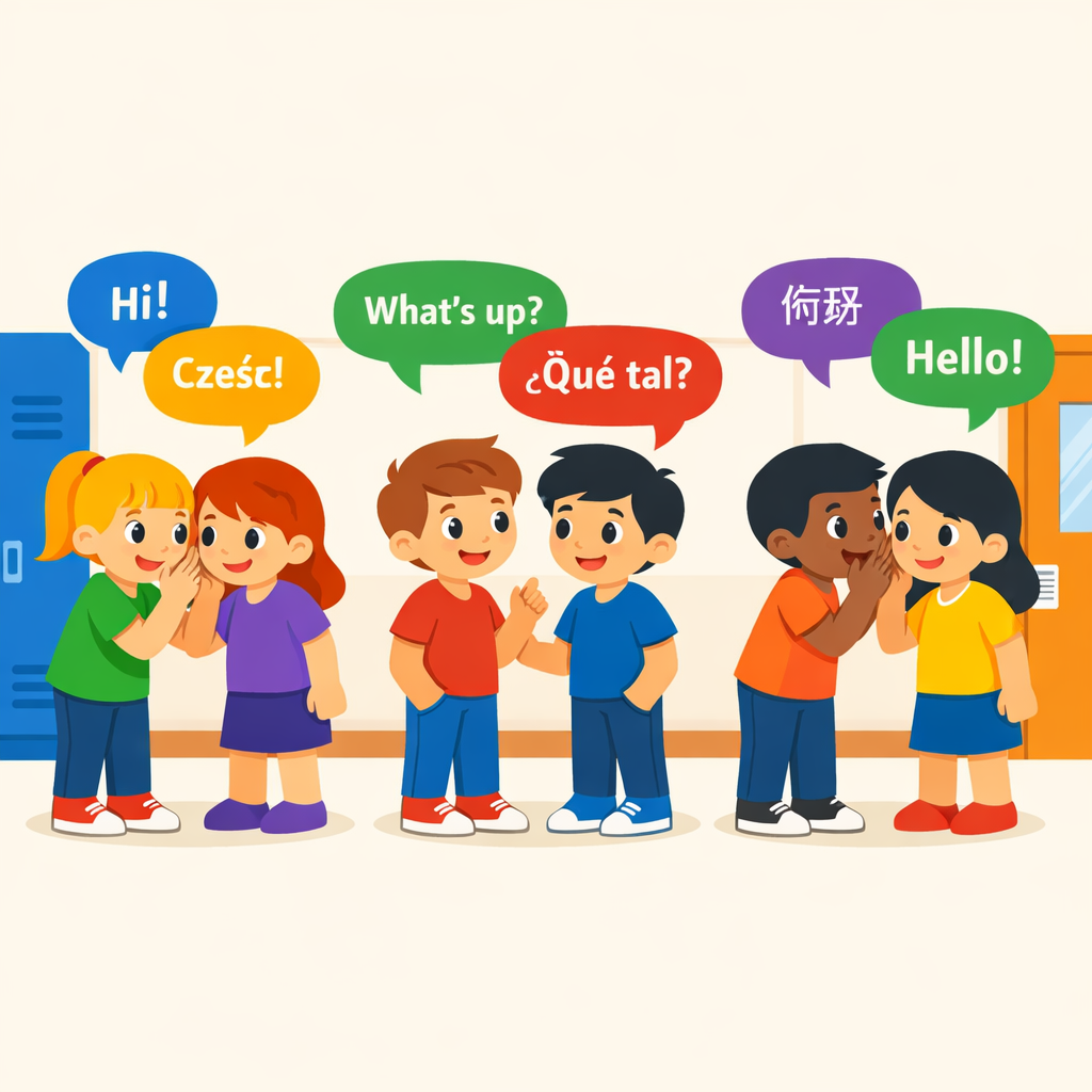 A colourful illustration of a school corridor with children whispering and chatting in small groups, speech bubbles showing mixed English and other languages