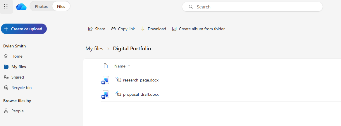 Go to {{code:onedrive.com}} and open your {{code:Digital_Portfolio}} folder. You should see {{code:03_proposal_draft}} i