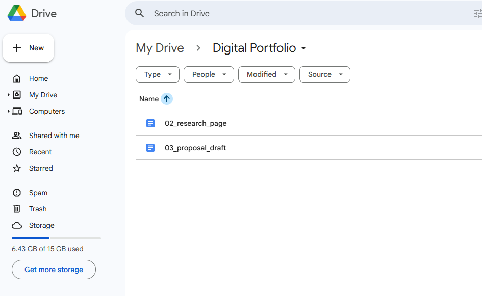 Go to {{code:drive.google.com}} and open your {{code:Digital_Portfolio}} folder. You should see {{code:03_proposal_draft