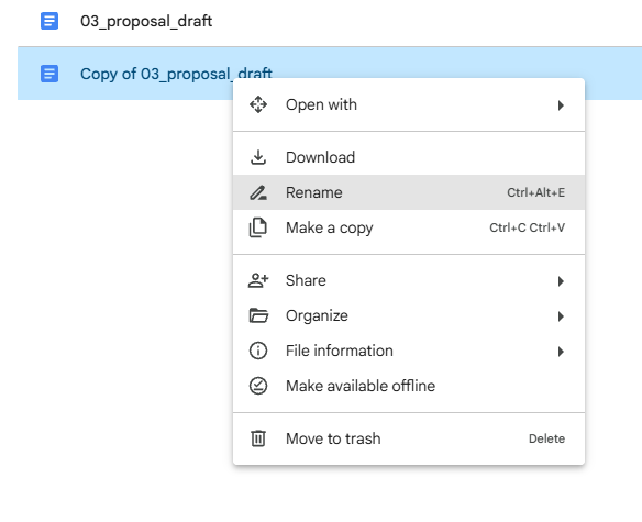 Right-click the new copy and choose {{btn:Rename}}. Change the name to {{code:04_polished_proposal}} and press {{key:Ent