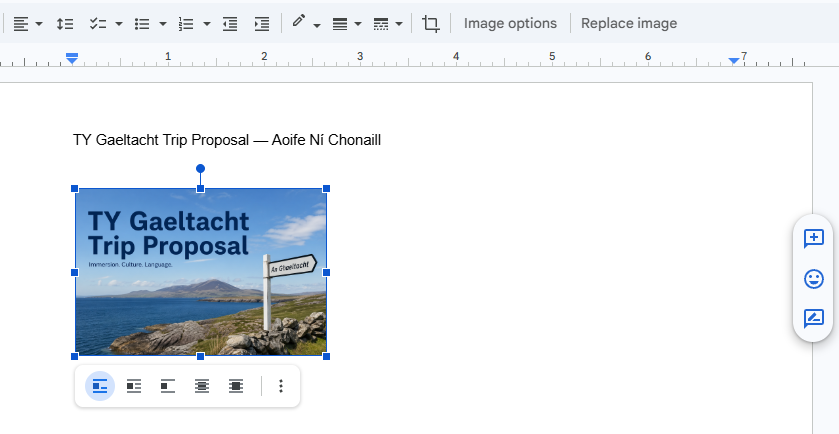 If the image is too big, click it once and drag a <em>corner</em> handle inward. Aim for roughly a quarter of the page w