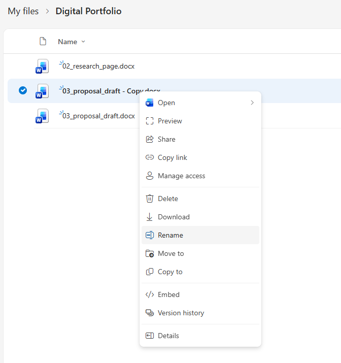 Right-click the new copy (whatever OneDrive named it) and choose {{btn:Rename}}. Change the name to {{code:04_polished_p