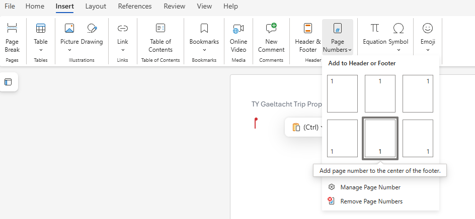 <strong>Core 4 — move 3 of 4.</strong> Opening the header revealed a <strong>Header & Footer</strong> contextual tab on 