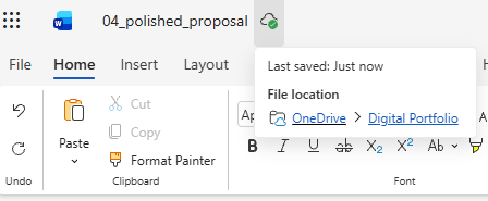 Your file auto-saves to OneDrive as you work — look for "Saved" in the title bar to confirm. {{code:04_polished_proposal