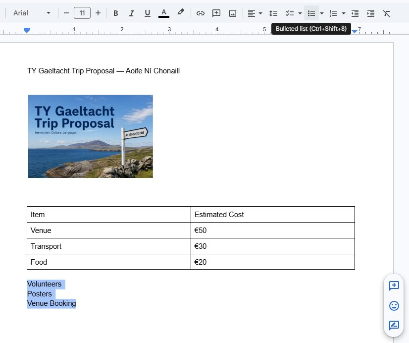 Google Docs toolbar with Bulleted list button highlighted and three lines of text selected
