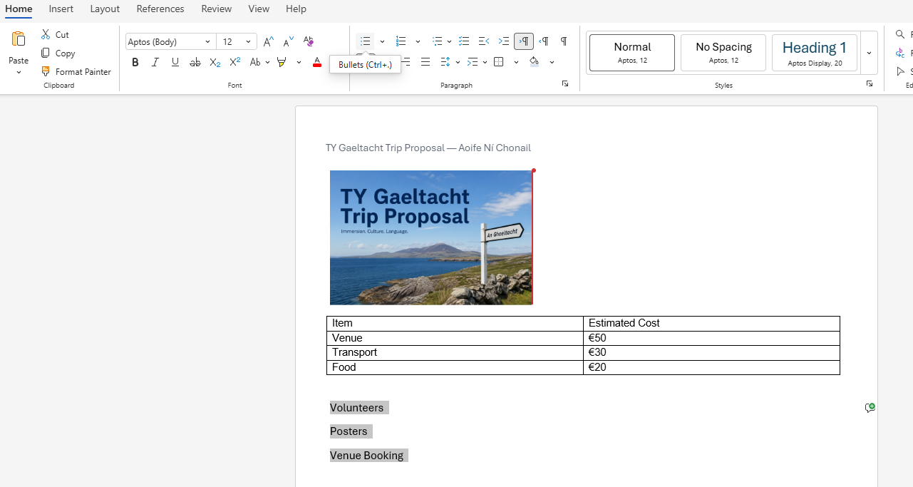 Word Online Home ribbon with Bullets button highlighted and three lines of text selected