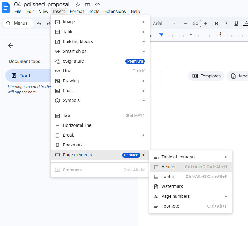 Google Docs Insert menu open showing Headers and footers submenu with Header highlighted