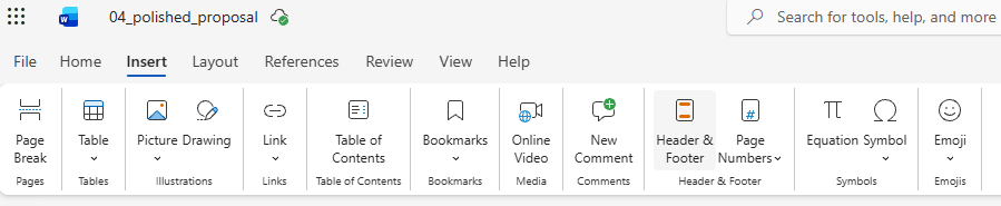 Word Online Insert ribbon with Header & Footer button highlighted