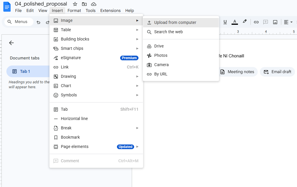 Google Docs Insert menu showing Image submenu with Upload from computer highlighted