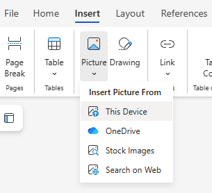 Word Online Insert ribbon with Pictures dropdown open