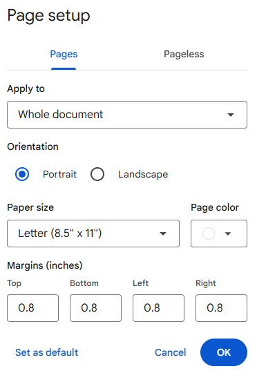 Google Docs Page setup dialog with margin input fields visible