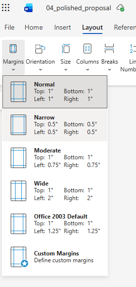 Word Online Layout ribbon with Margins dropdown open and Narrow highlighted
