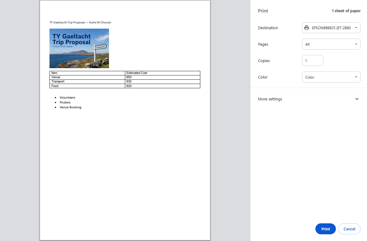 Word Online Print dialog with preview panel showing a one-page proposal with header, image, table, and bullet list