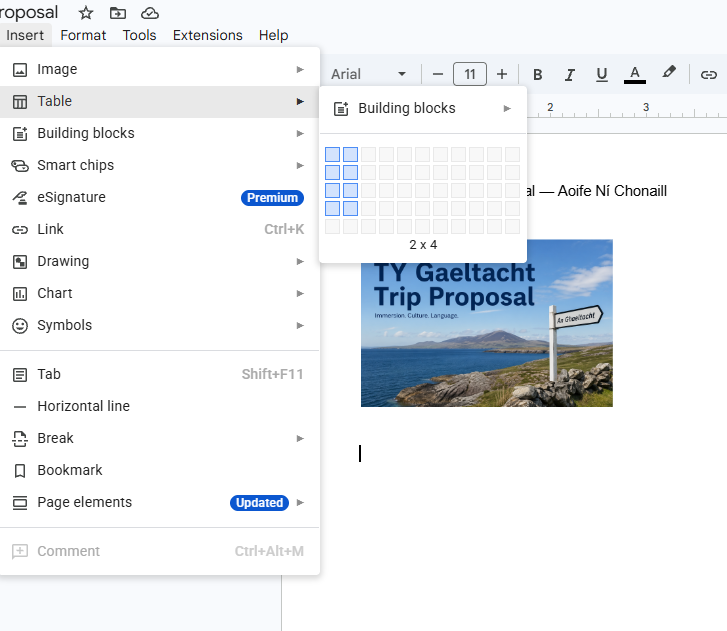 Google Docs Insert menu with Table grid open and 2x4 selection highlighted