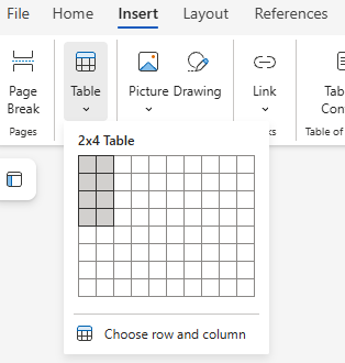 Word Online Insert ribbon with Table grid open and 2x4 selection highlighted