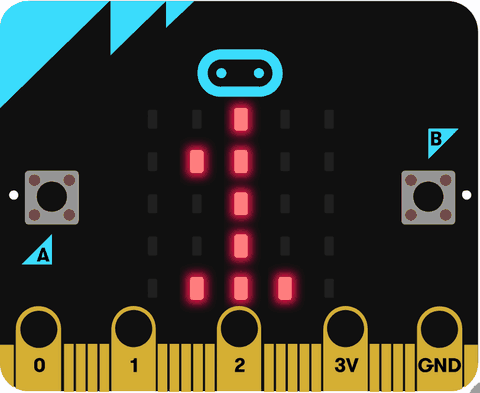 Number-guessing game running on the virtual micro:bit: the guess counts up on the LED, then an arrow shows higher or lower