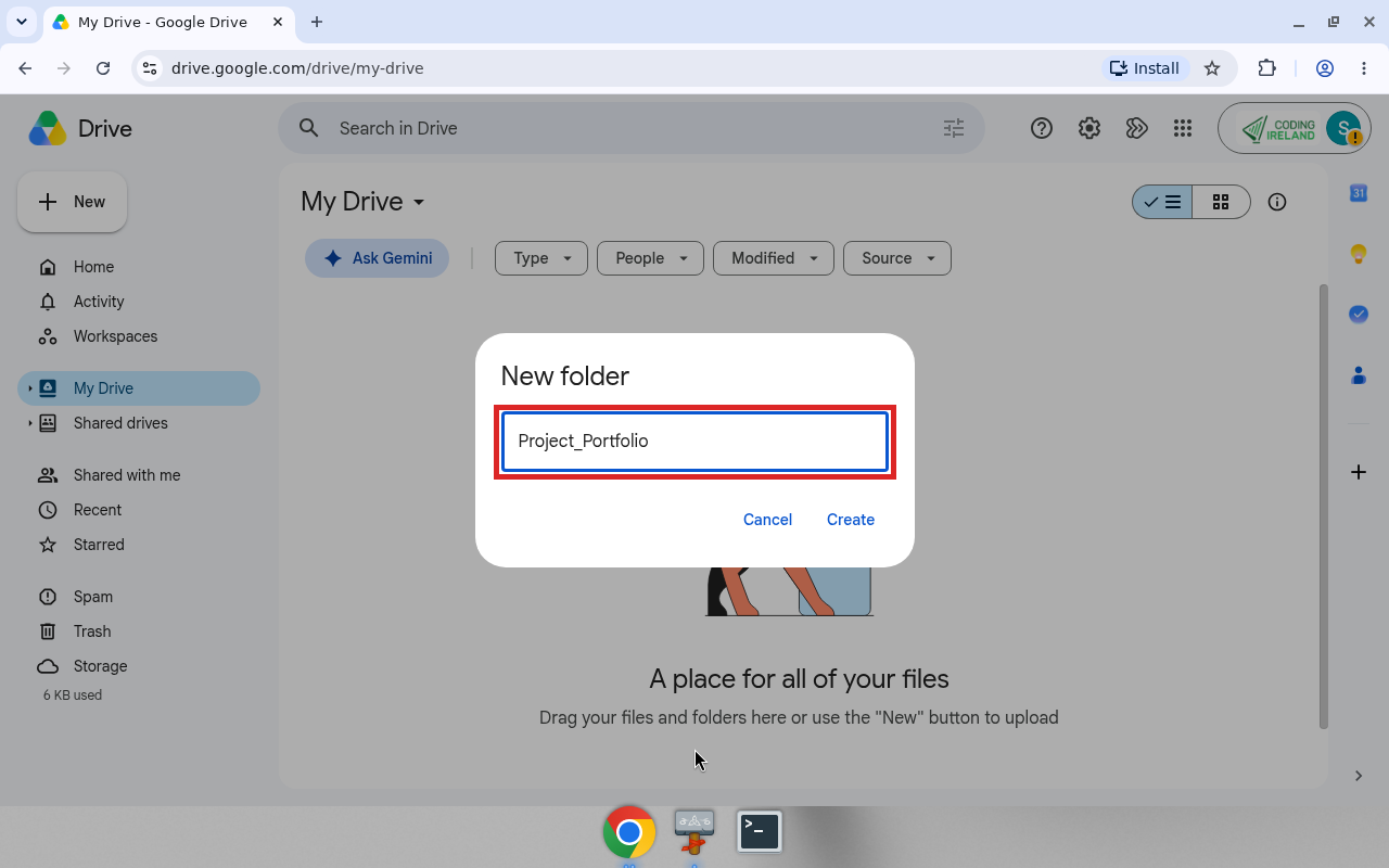 Google Drive dialog naming folder Project_Portfolio
