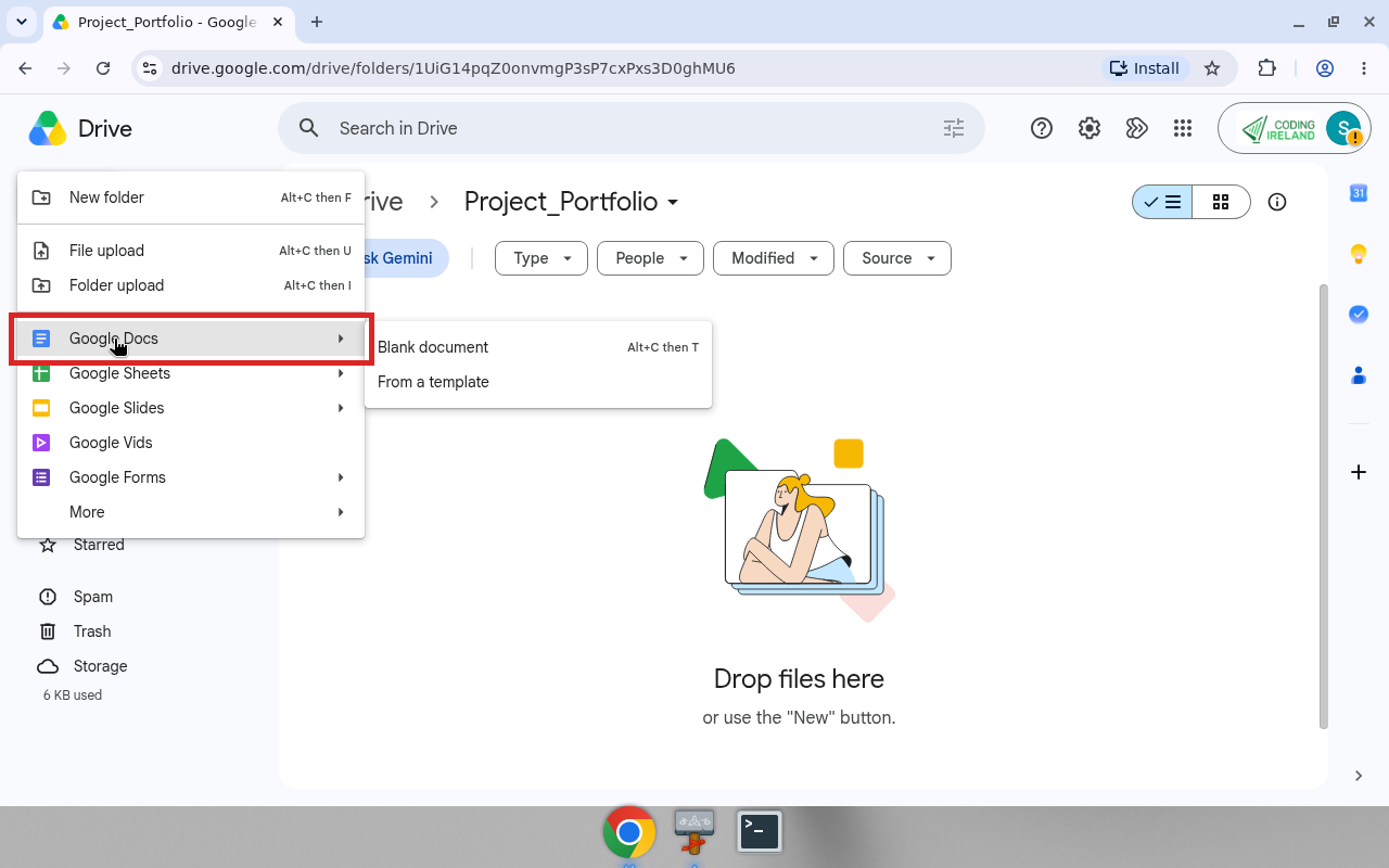 Google Drive New menu with Google Docs highlighted