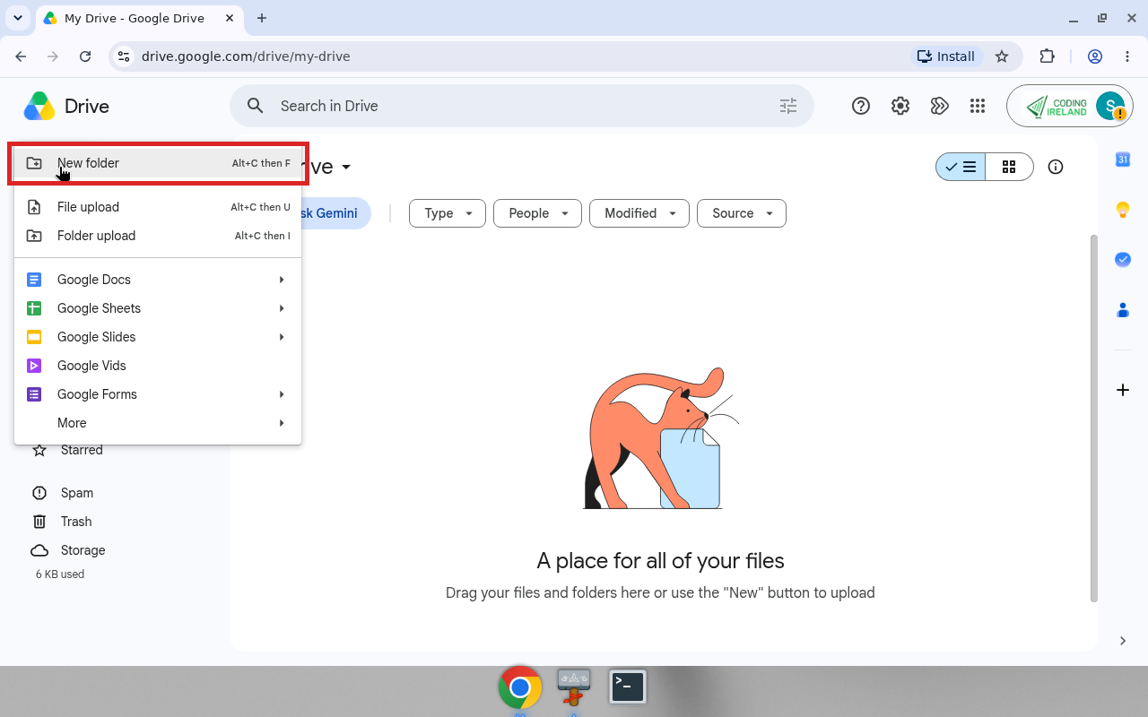 Google Drive New menu with New folder highlighted