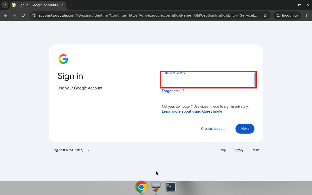 Google sign-in page with email field highlighted