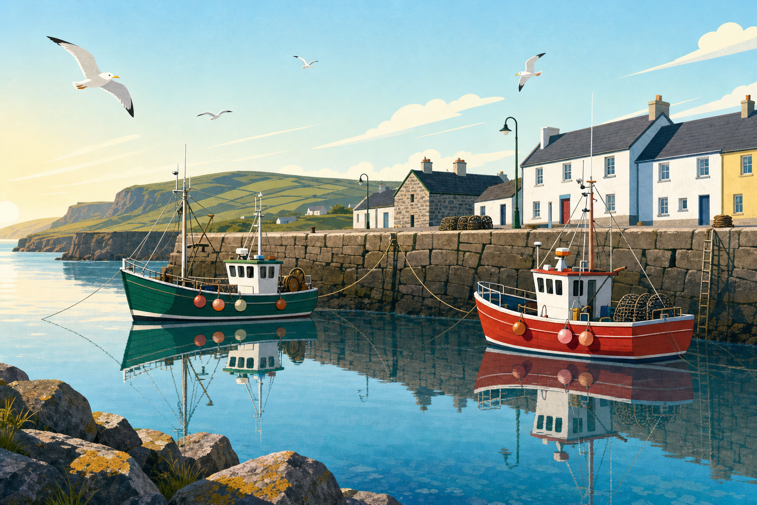A small Irish harbour on a clear morning with two fishing boats on calm water