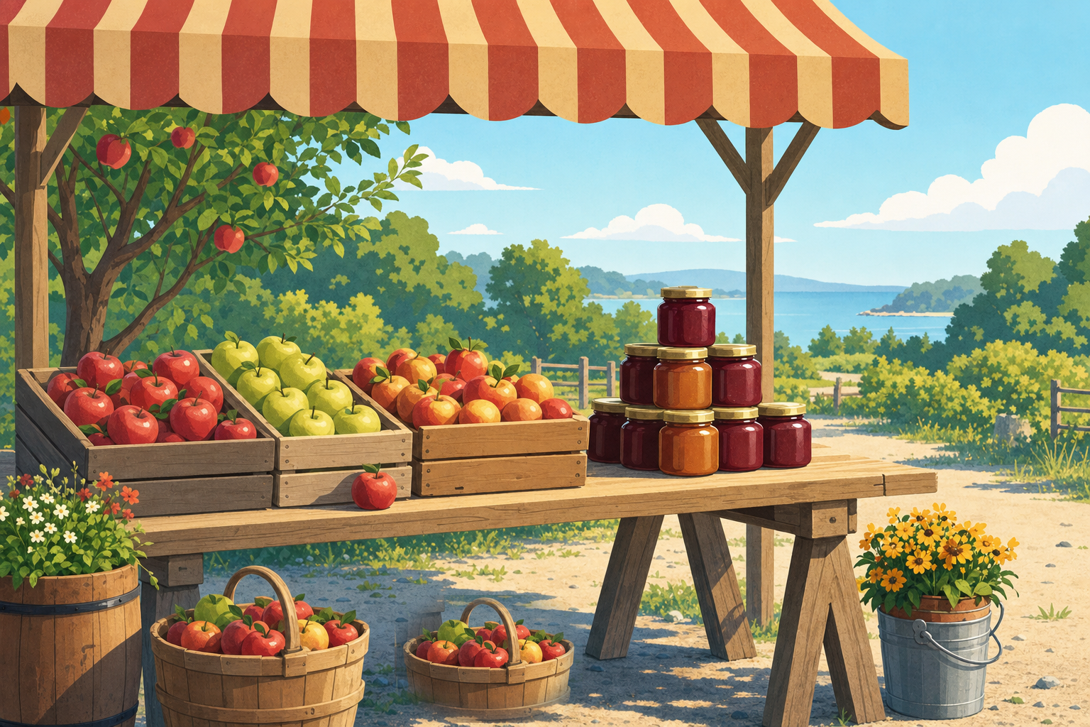 A market stall with crates of apples, baskets on the ground and a stack of jam jars