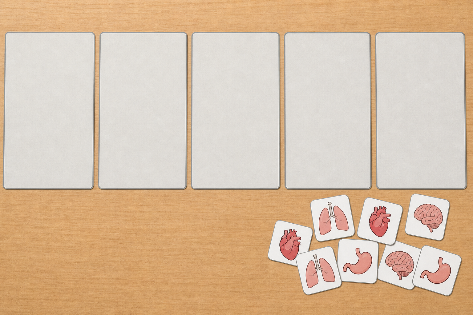 The sorting apparatus: loose organ cards ready beside five blank mats
