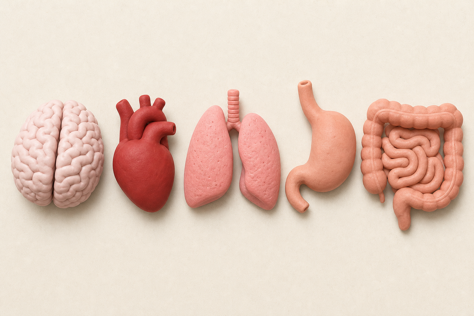 The five model organs themselves, laid out plainly, to open the lesson