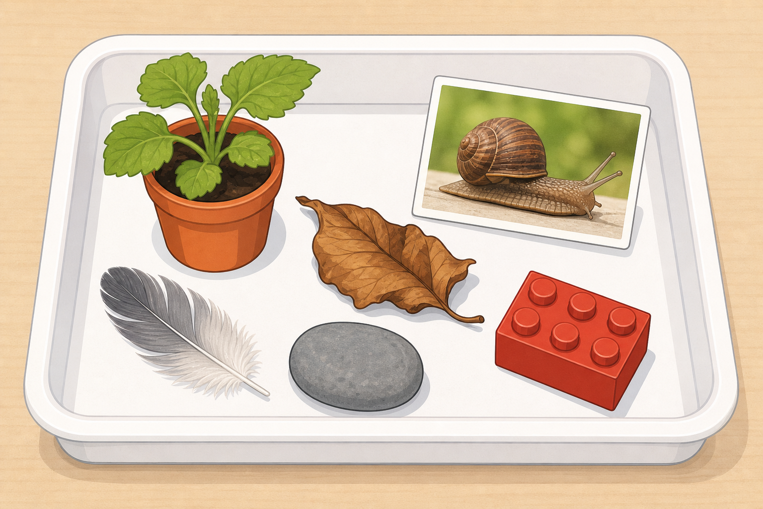 The six tray objects the class will sort, shown plainly and close
