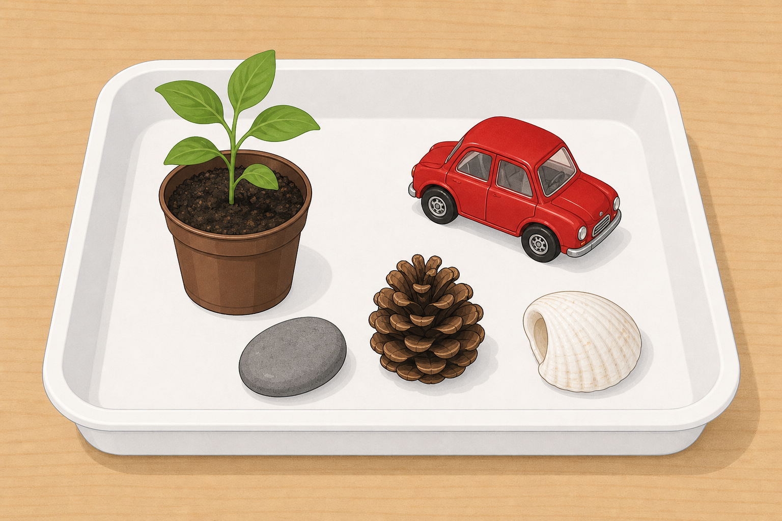 The full tray of objects children will handle at their tables