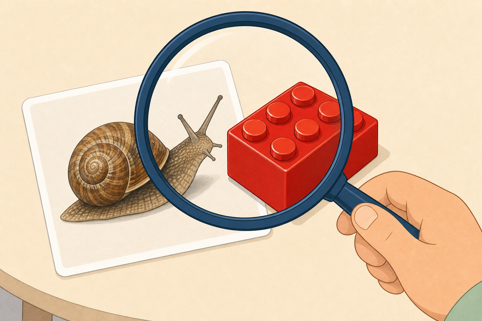 Snail card and plastic brick side by side under a magnifier for surface clues