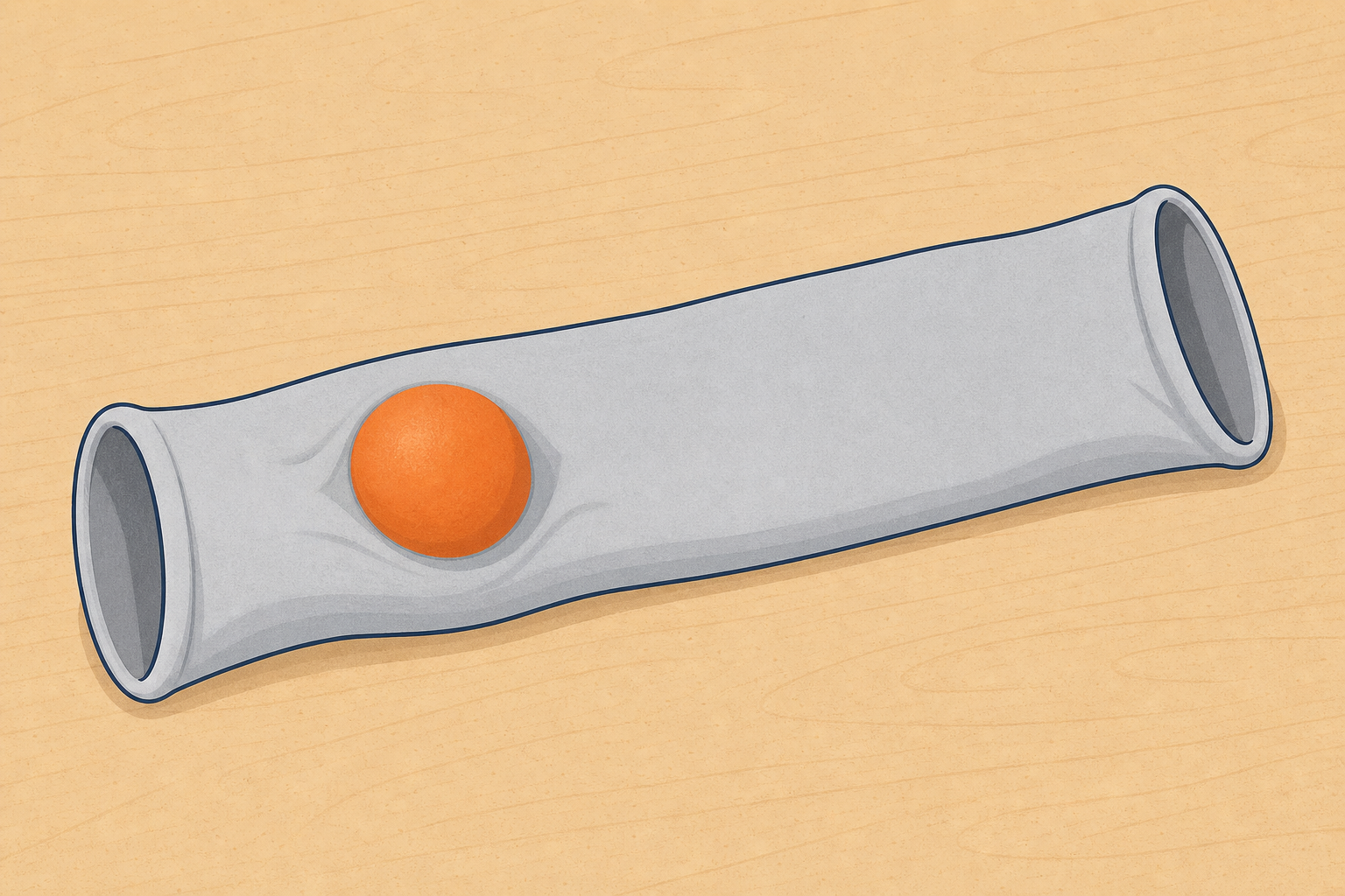 Close view of squeeze apparatus: ball bulging inside stretchy tube
