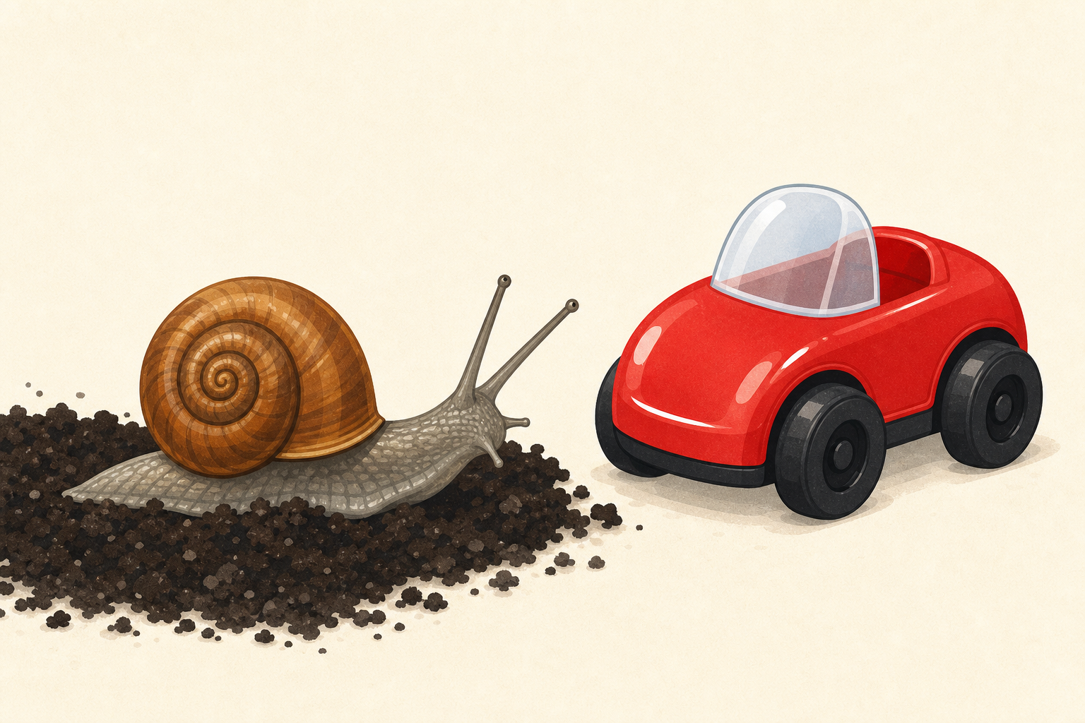 Snail and toy car side by side, the lesson's central comparison