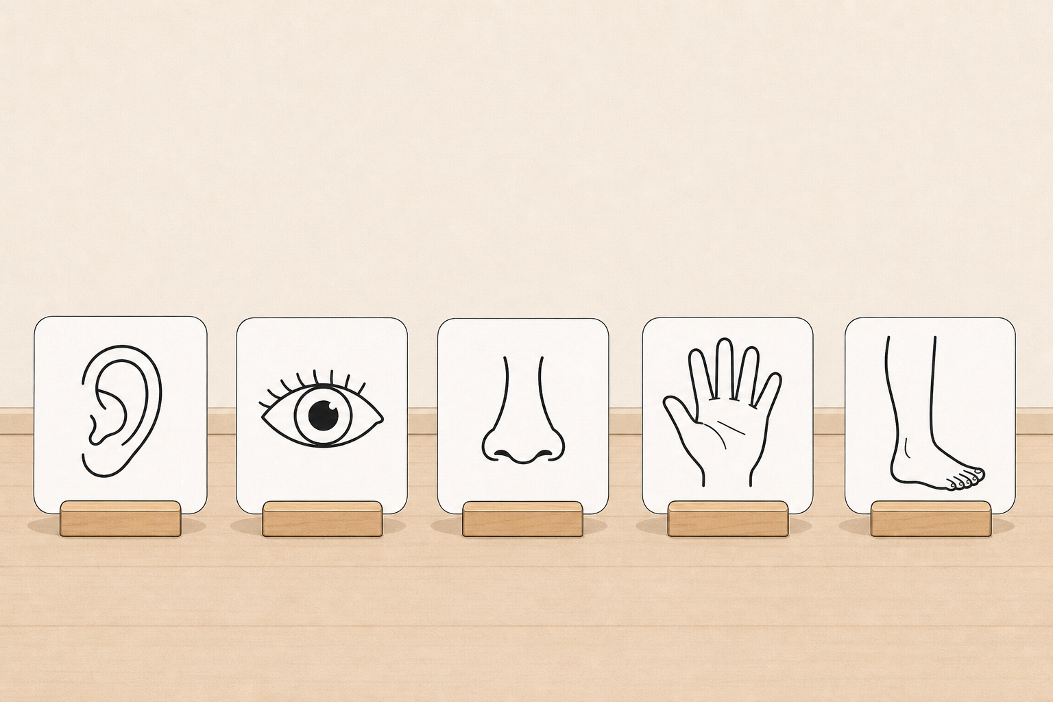 The five action spots set up, each with its body-part picture on view