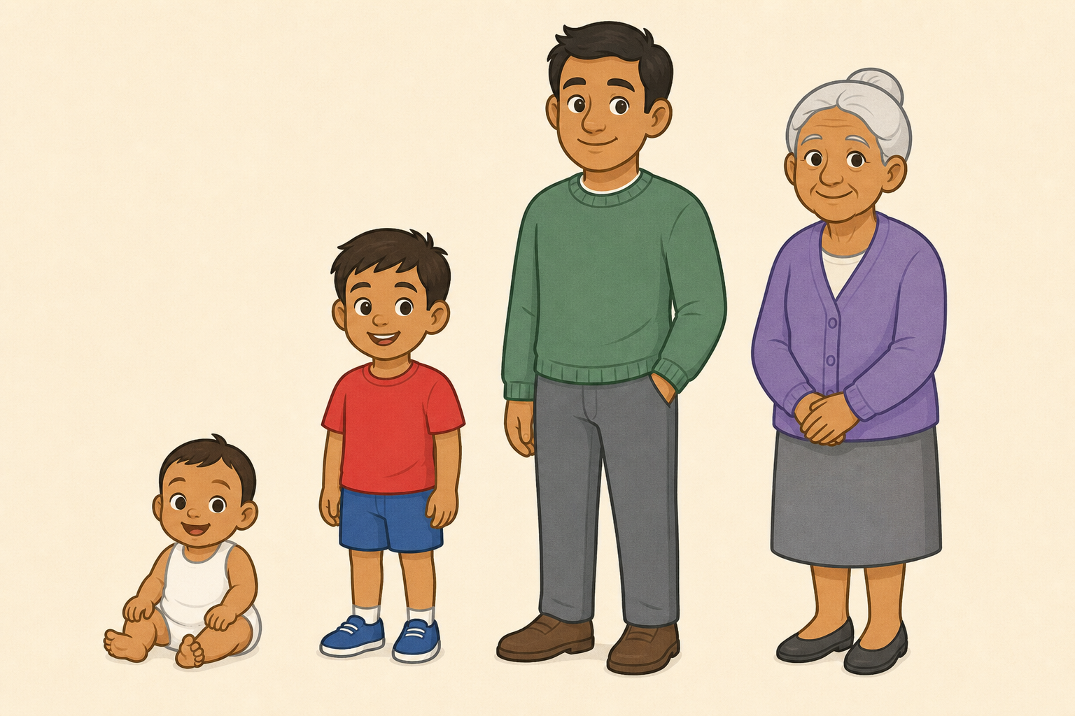 The four life stages side by side, matching the four words