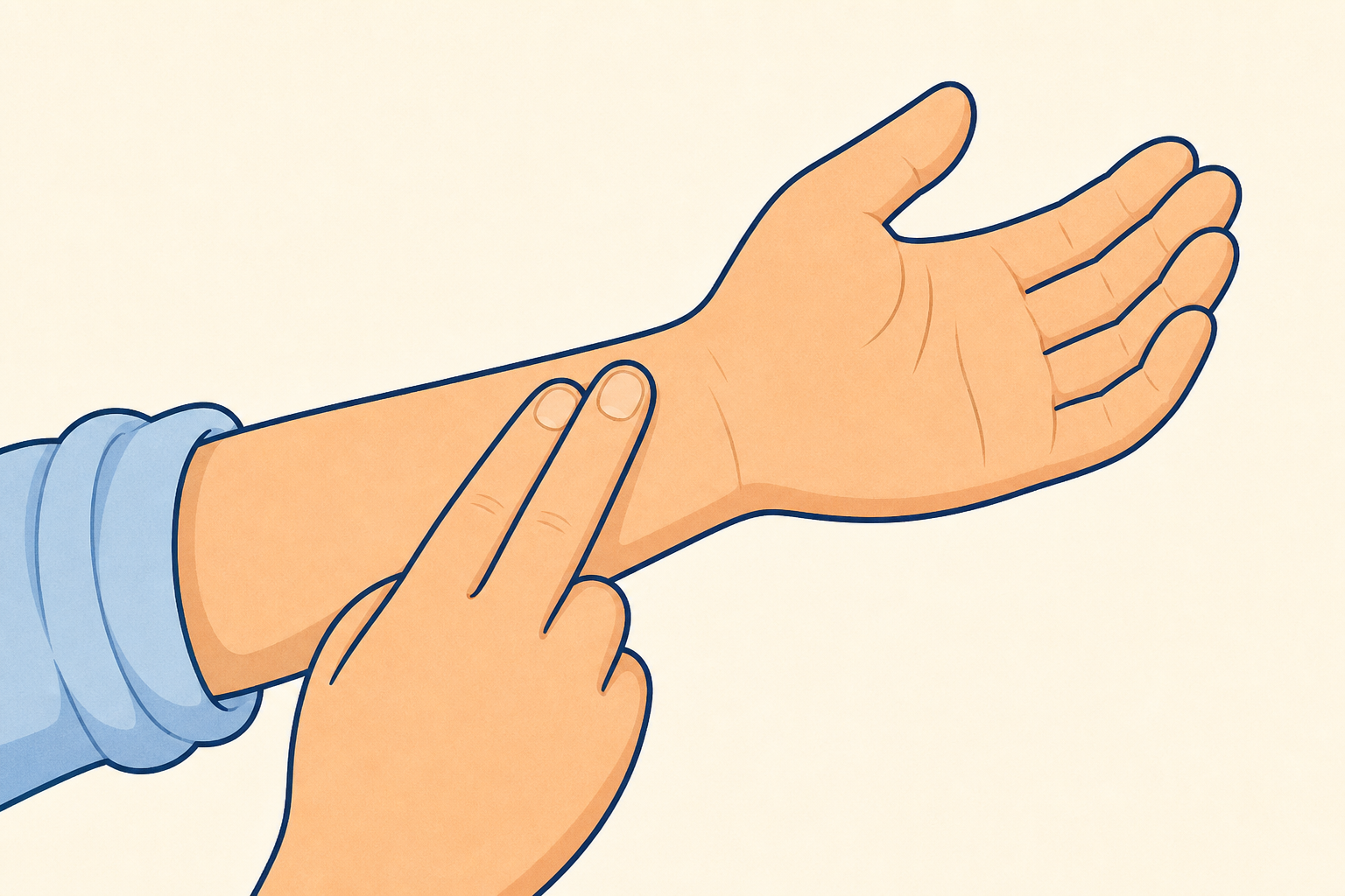 Close view of fingers on wrist, the exact feel-your-pulse action opening the lesson