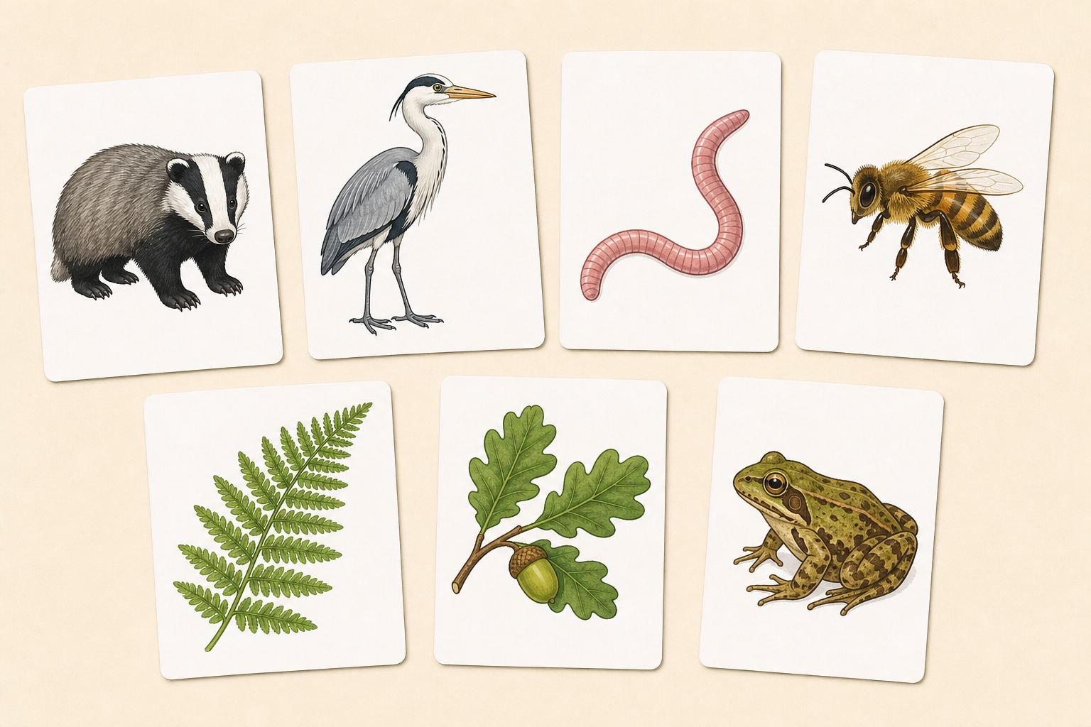 The seven specimen cards the class will sort, shown plainly and close