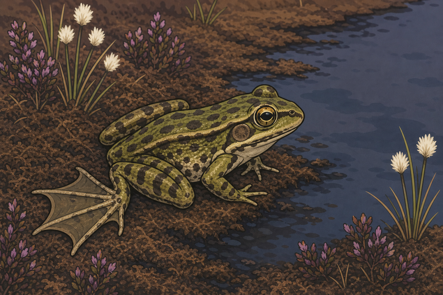 Frog in its bog habitat with webbed feet clearly spread