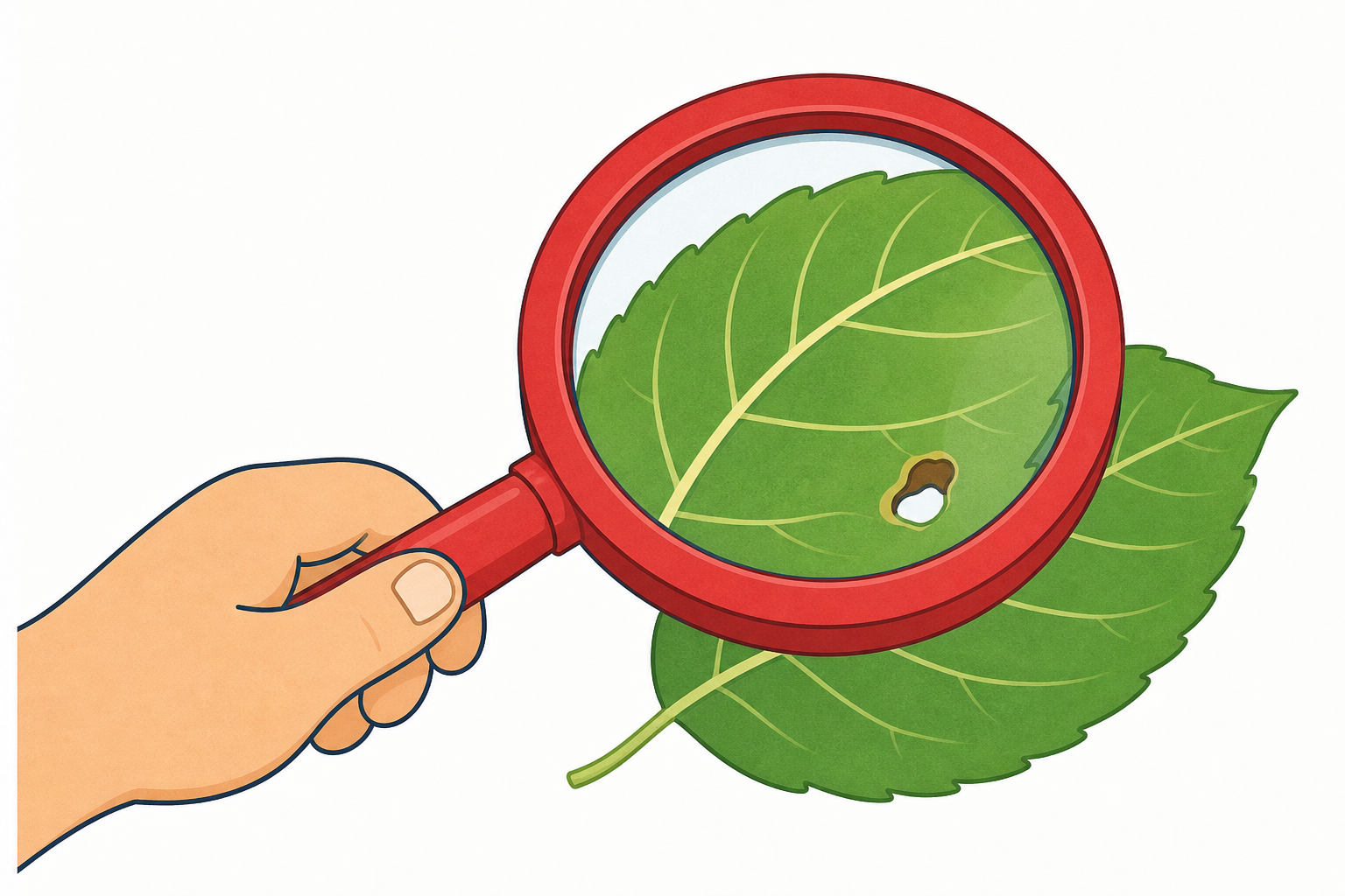 Same leaf through the magnifier, veins and hole enlarged