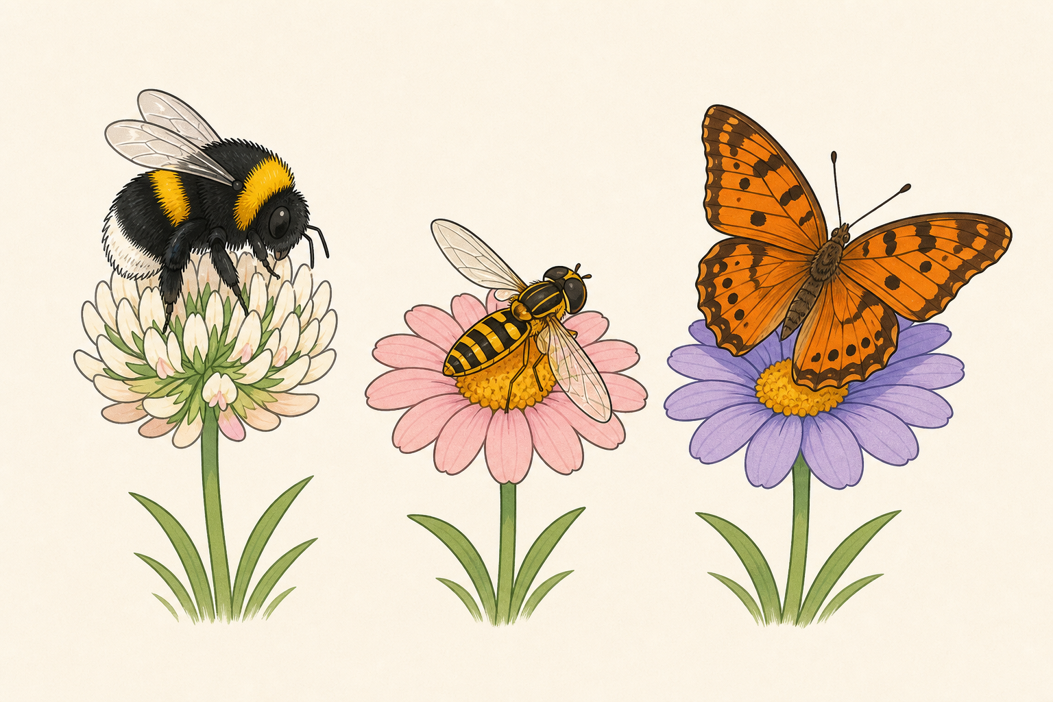 The three named pollinators side by side so children can tell them apart