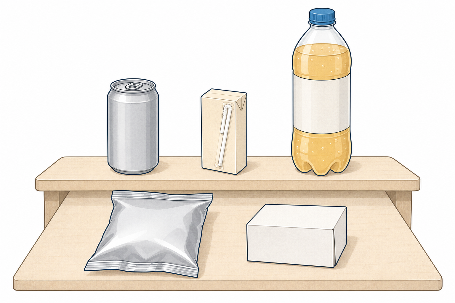 Two separate ranking lines of packs, drinks apart from snacks