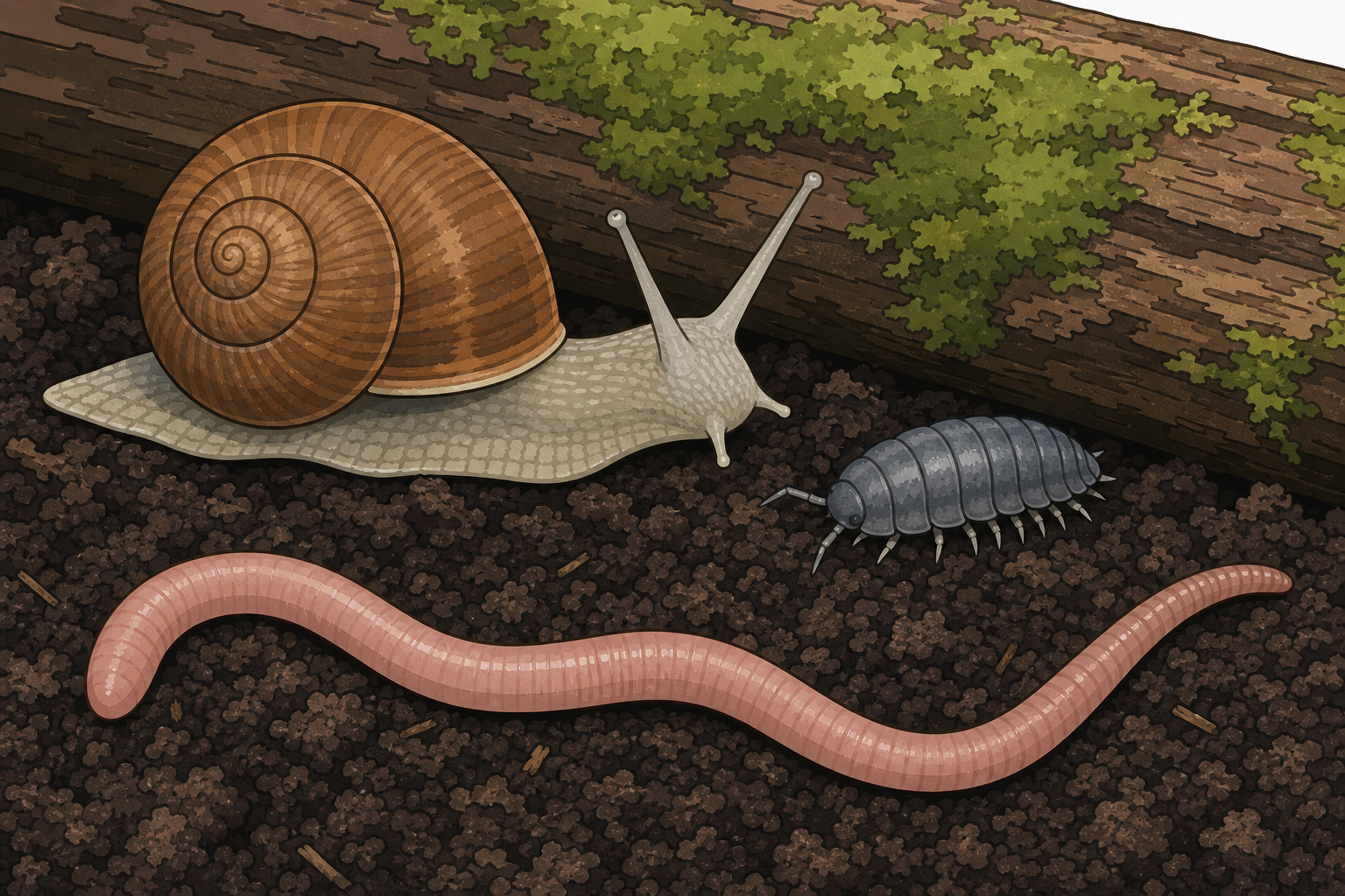The three minibeasts of the lesson, close and plain, on damp soil
