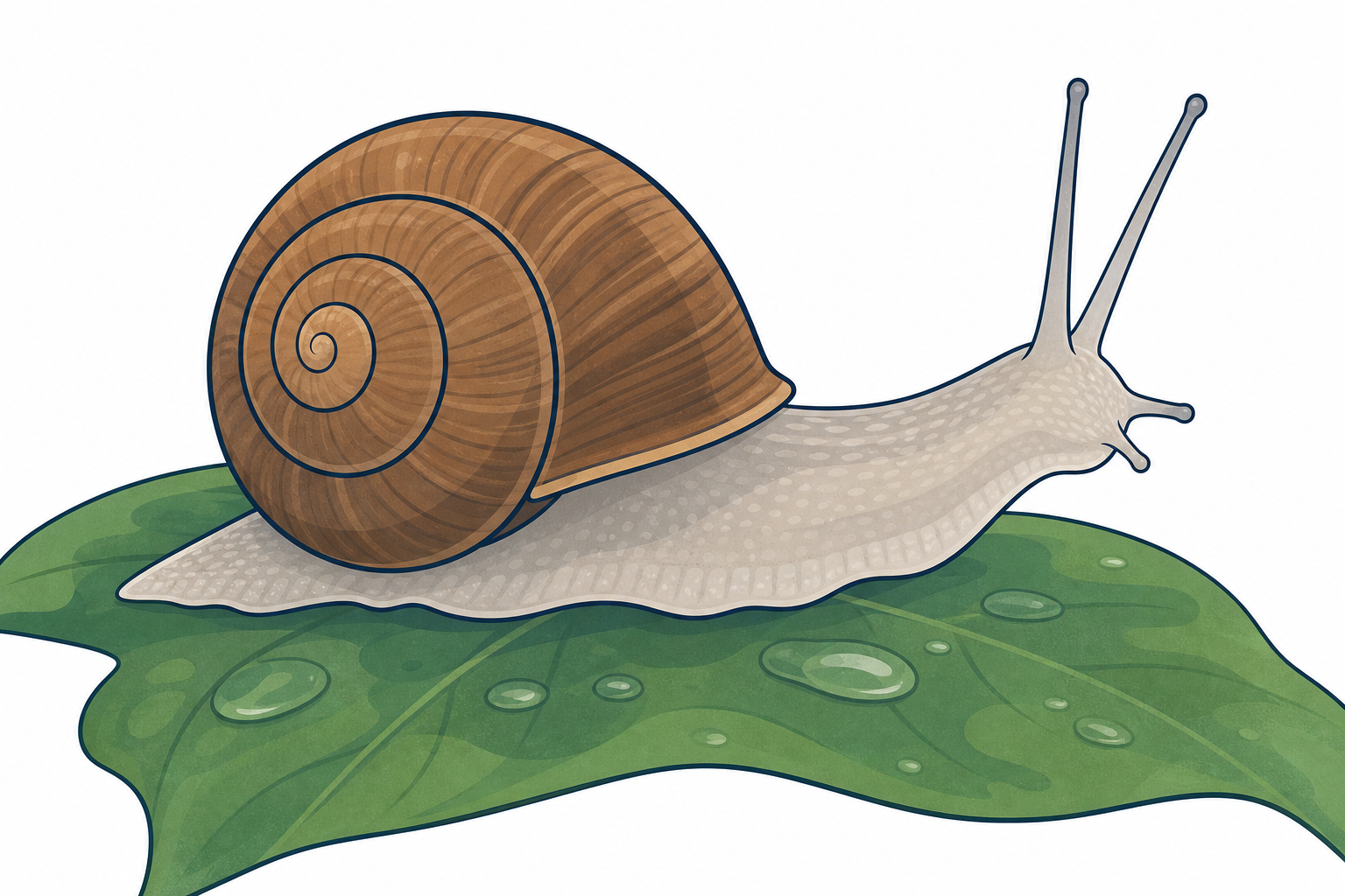 Snail body parts: spiral shell, soft body, two feelers