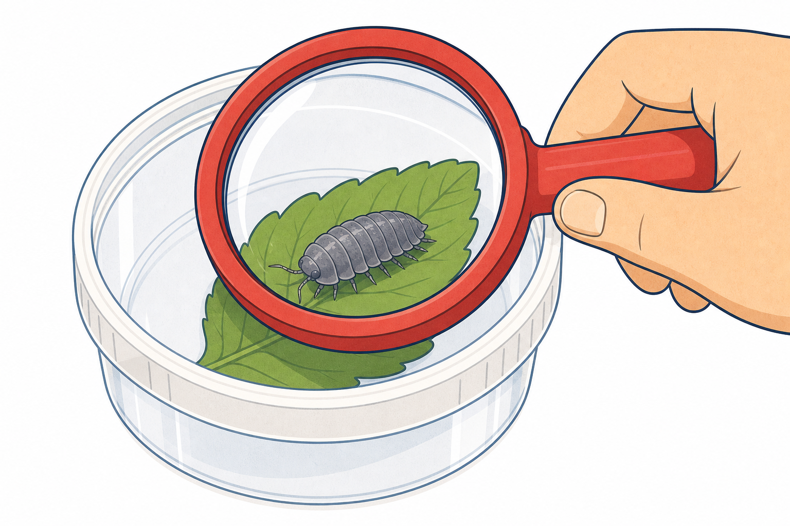 Looking through the magnifier at a woodlouse in the pot