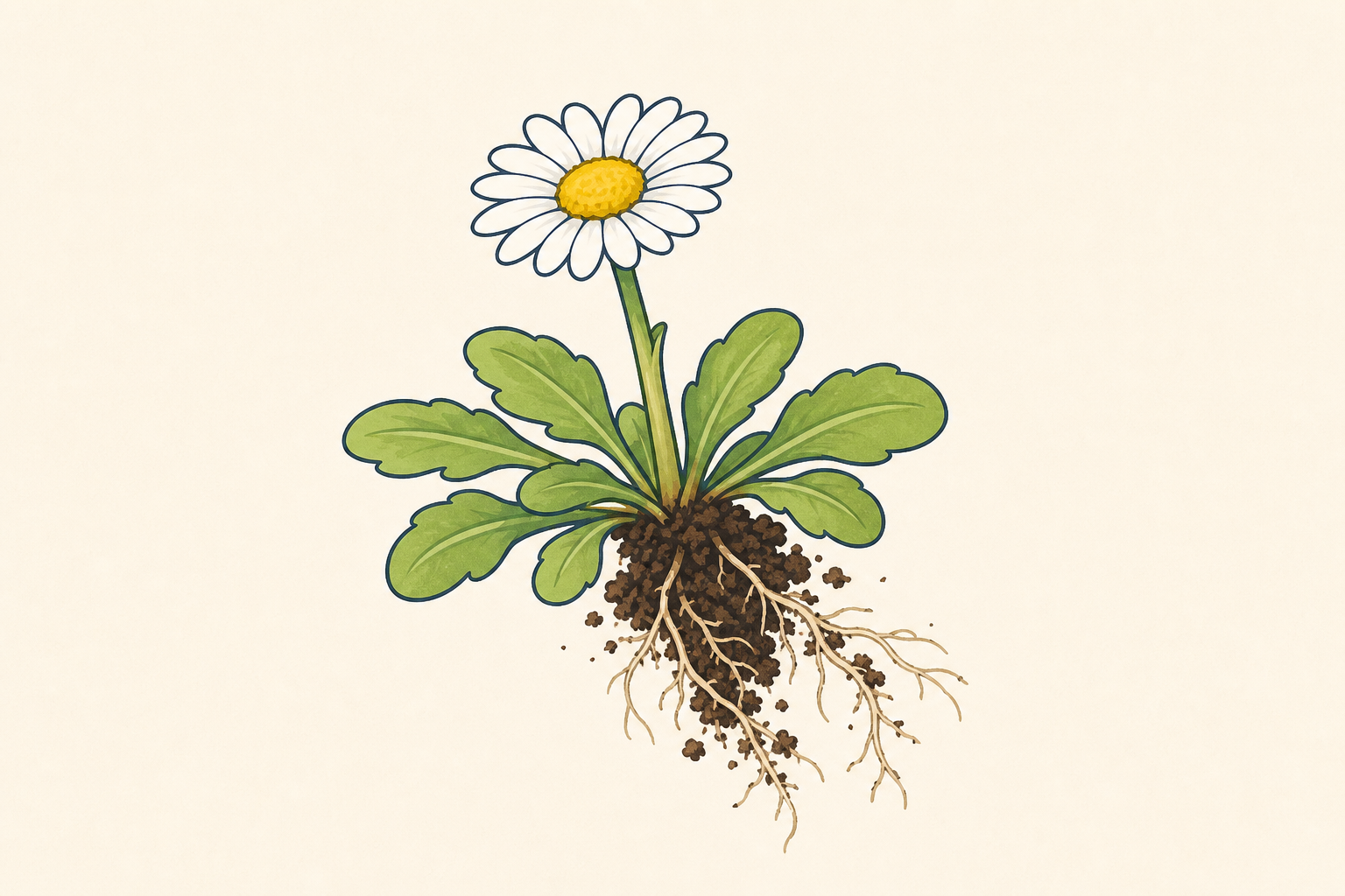 A whole daisy showing roots, stem and leaves for the word 'plant'