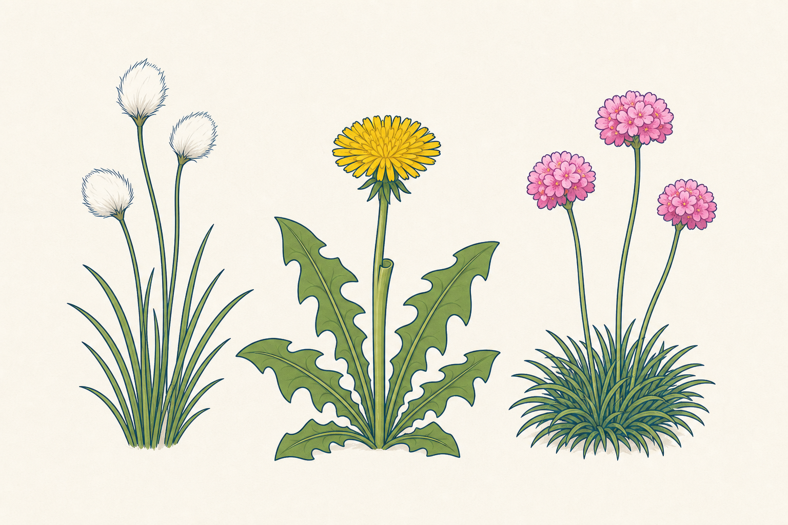 The three Irish habitat plants side by side for sorting