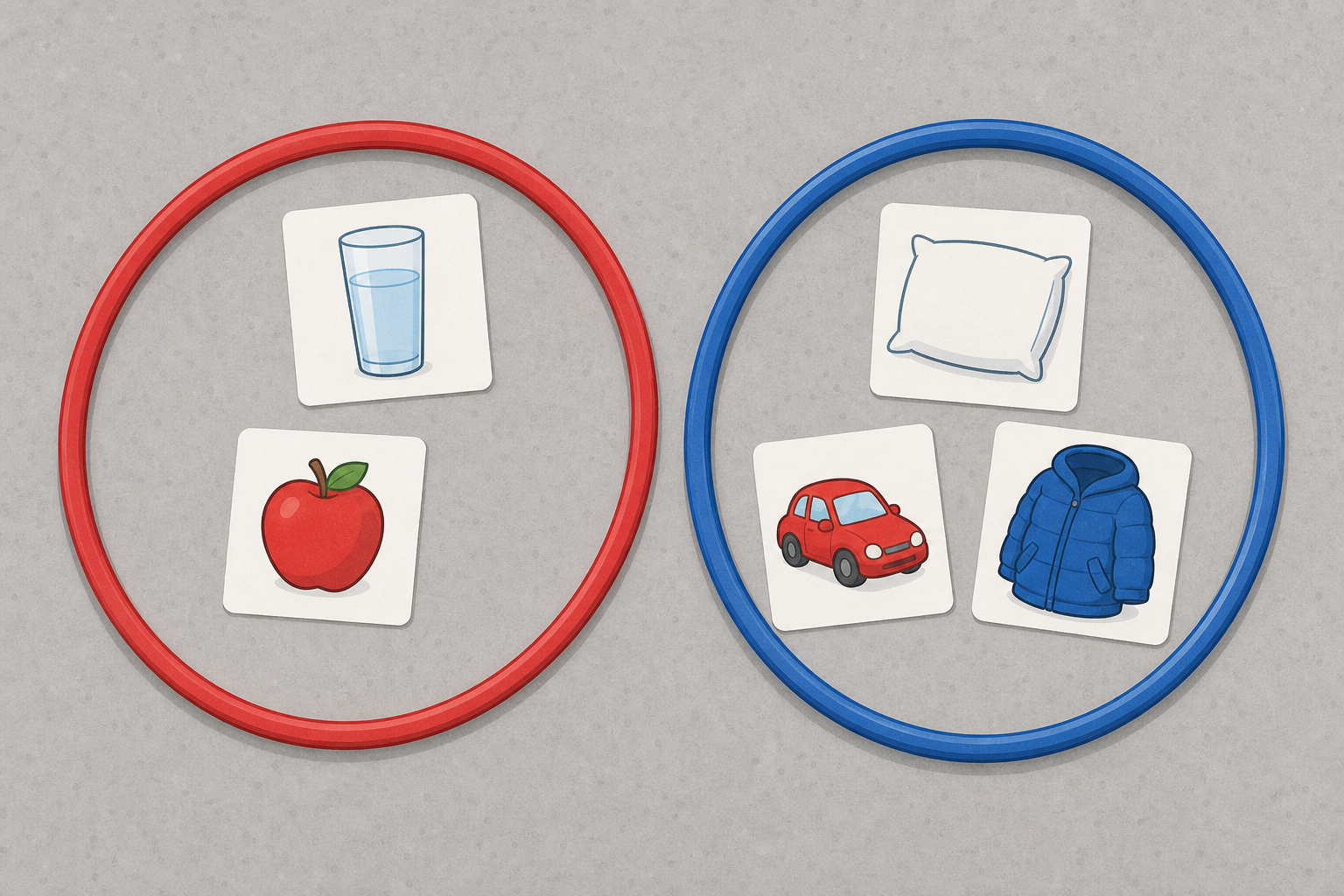 Same cards placed into the two hoops, showing how sorting looks