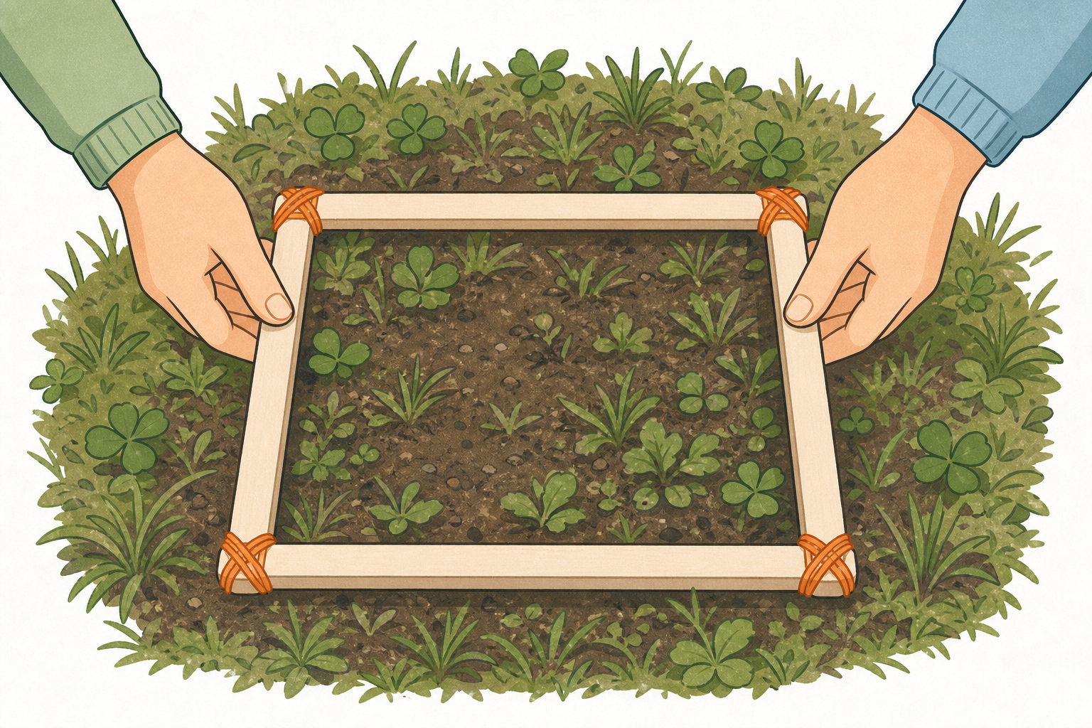 Hands placing the quadrat gently on the chosen patch of ground